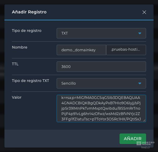 Formulario Añadir Registro con tipo TXT, nombre demo._domainkey y el campo Valor para la clave pública.