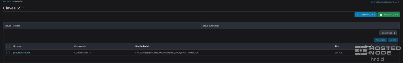 Public Keys list with a 4096-bit RSA key created through DirectAdmin.