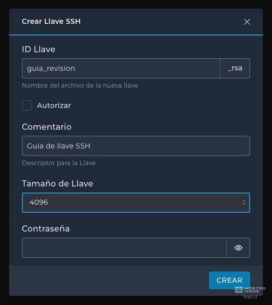 Create SSH Key form with ID, comment, size, password, and the Authorize checkbox.