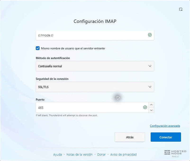 Thunderbird displays the SMTP configuration with SSL/TLS and port 465.