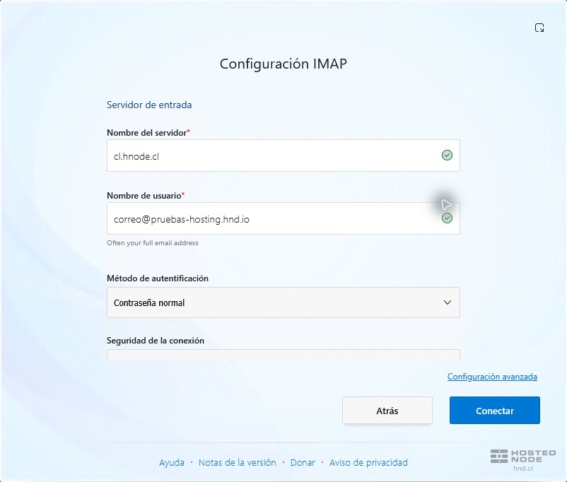 Thunderbird IMAP configuration with the incoming server and full username.