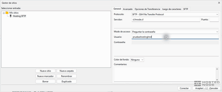 Acercamiento al Gestor de sitios de FileZilla con el protocolo SFTP y los campos de servidor, puerto y usuario.