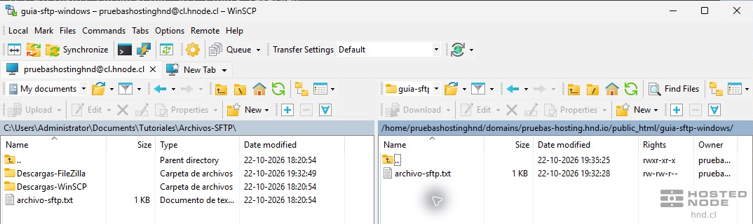 WinSCP conectado por SFTP en la vista de dos paneles, con las carpetas del equipo y del servidor.
