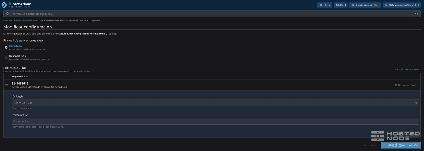 Enabled WAF and list of excluded rules with the configuration save option.