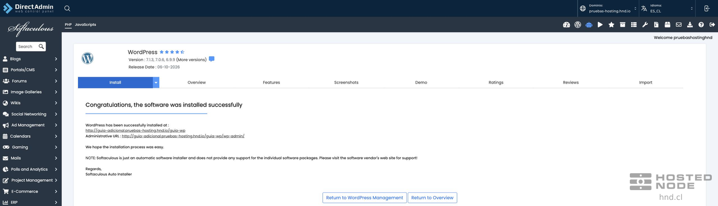 Installation confirmation with the site URL and its administration URL.