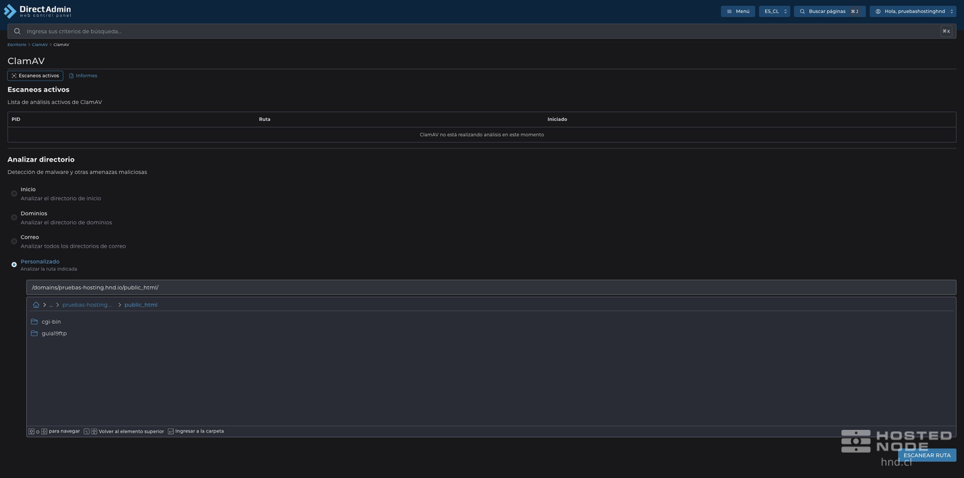 Caminho personalizado do site selecionado para a análise do ClamAV.