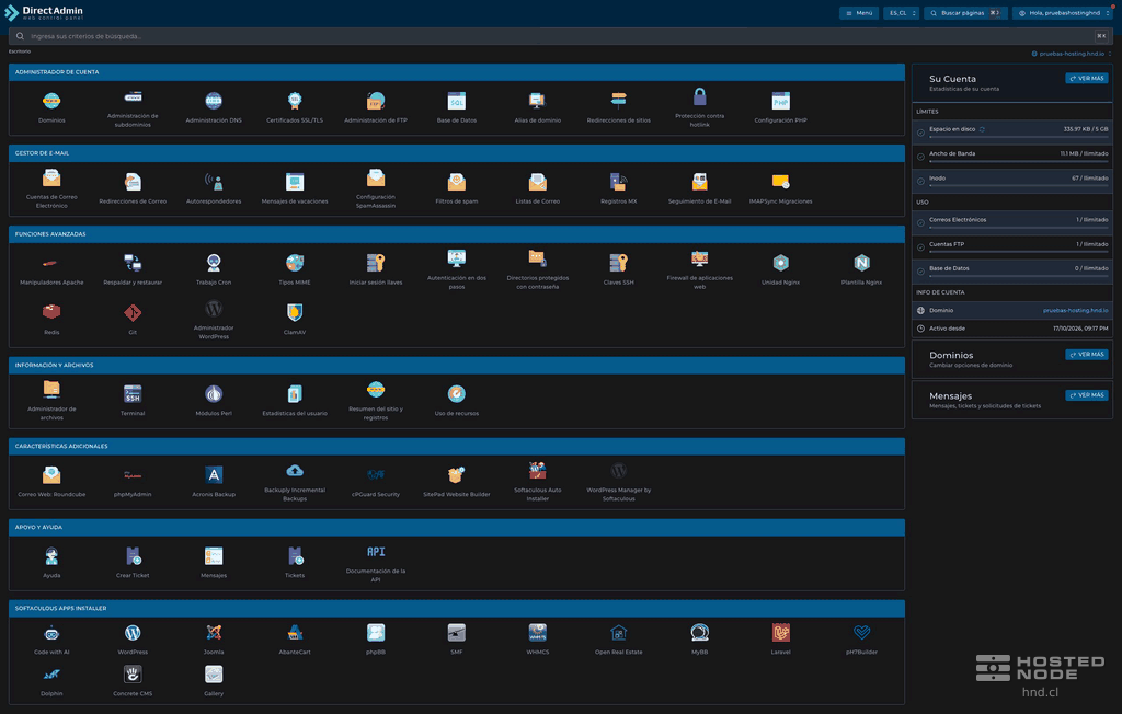 El escritorio de DirectAdmin se acerca al icono Terminal del grupo Información y archivos; un contorno ámbar señala el control.