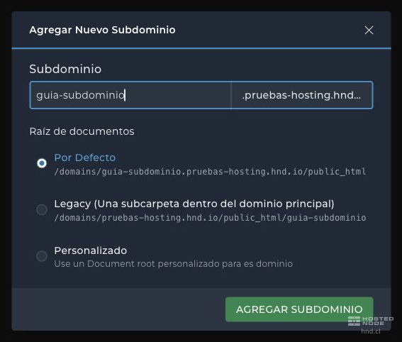 Subdomain name and document root options.