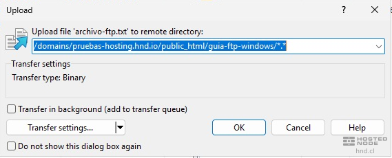 WinSCP Upload confirmation showing the remote FTP destination and Binary Transfer type.