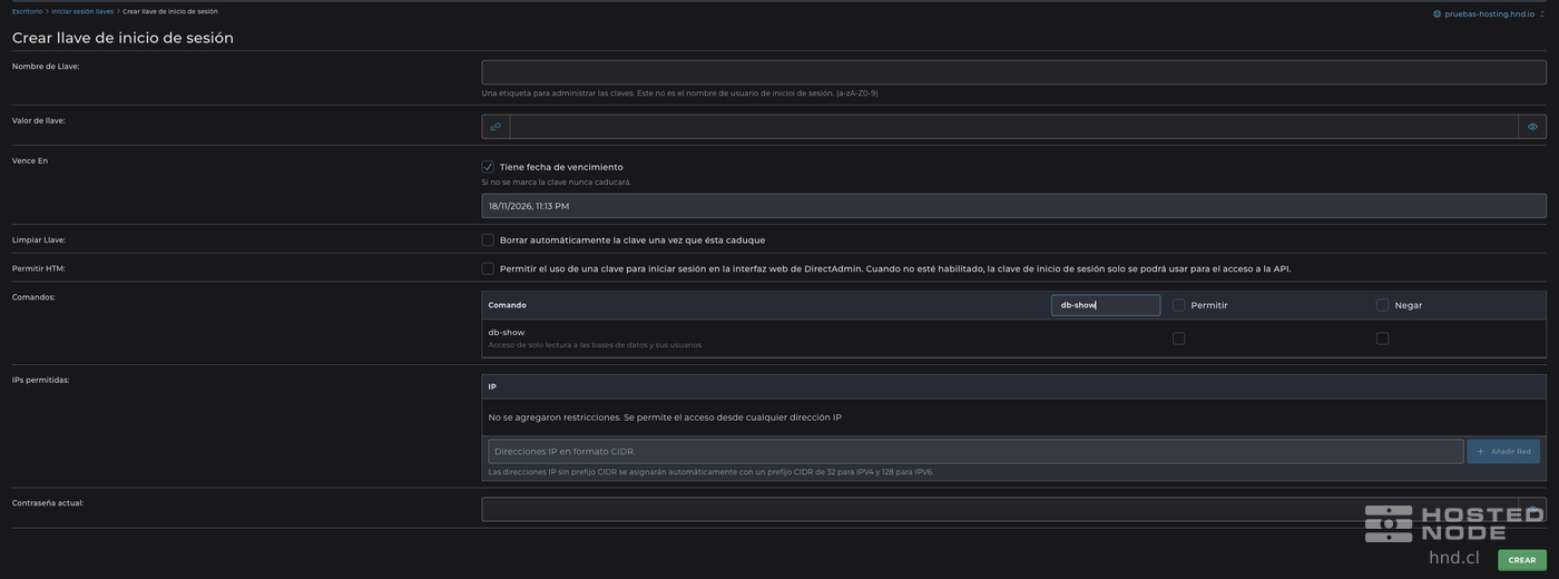Formulario de Login Key con vencimiento, acceso web, búsqueda del permiso db-show e IPs permitidas.