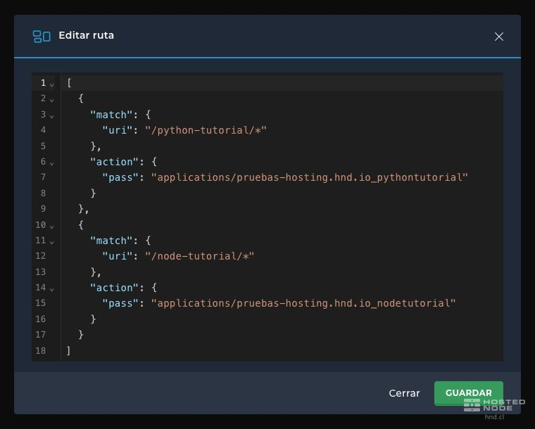 Editor JSON de rotas com o prefixo /python-tutorial/* direcionado à aplicação Python.