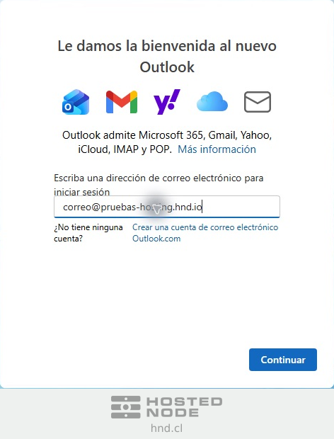 New Outlook screen showing an email account's full address and Continue.