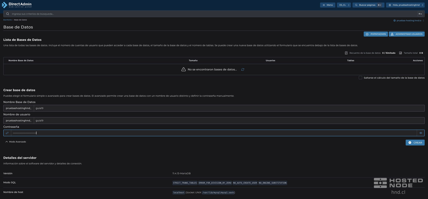 Advanced Mode for creating a database with a username and password.