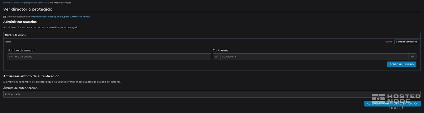 Protected directory with the user lector in the Manage Users table and the Private area realm.