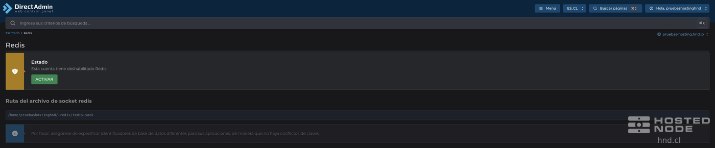 Redis disabled, with the Enable button and the account's socket path.