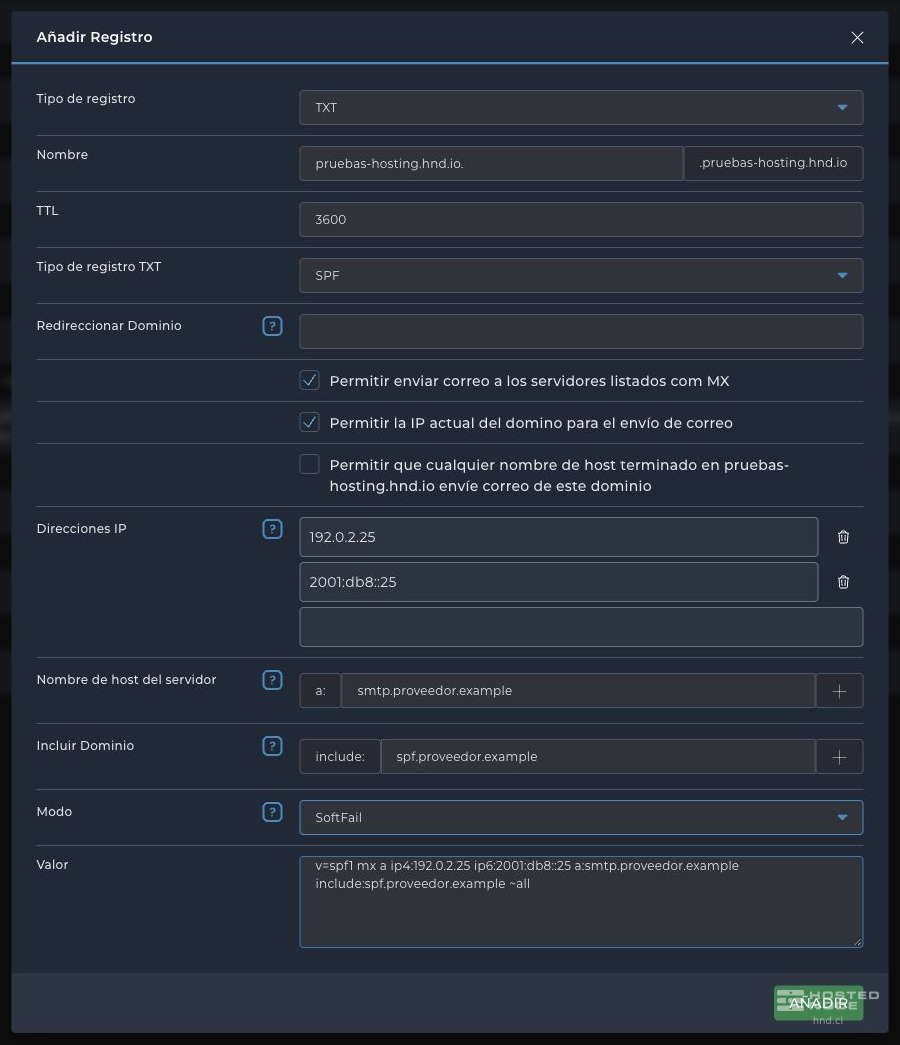 TXT SPF form with an empty redirect field, domain MX and IP checkboxes, IPv4 and IPv6 addresses, server hostname, include, mode, and Value.