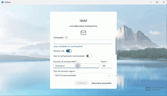 Close-up of the incoming IMAP server, port, and secure connection type fields in Outlook.