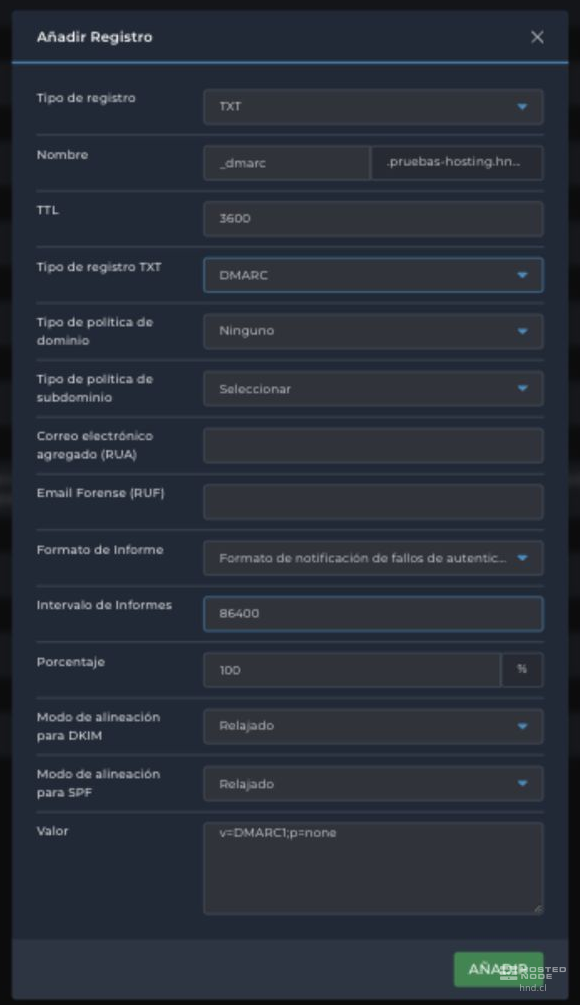Formulário TXT DMARC com nome _dmarc, políticas, RUA, RUF, formato, intervalo, porcentagem, alinhamento e Valor.